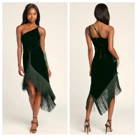 Lulus | Dresses | Lulus Fringe For Life Dark Green Velvet Oneshoulder Fringe  Midi Dress | Poshmark